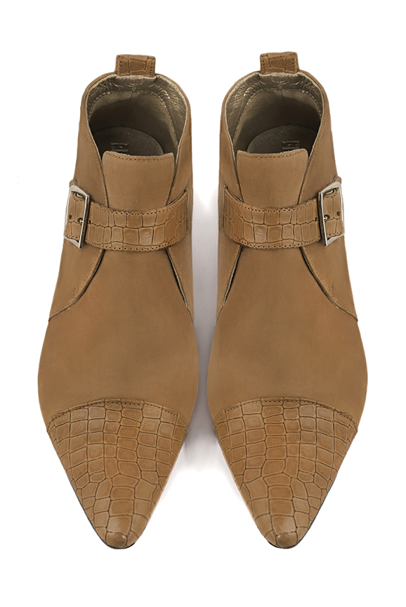 Camel beige women's ankle boots with buckles at the front. Tapered toe. Low cone heels. Top view - Florence KOOIJMAN